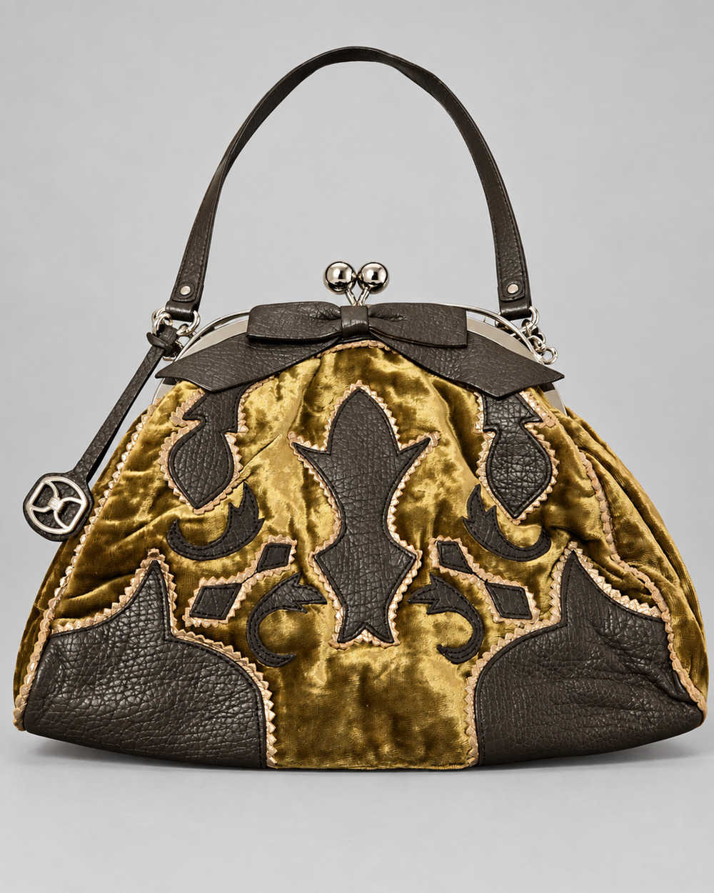 Vintage Olive Green Crushed Velvet Brown Leather Bow Handbag DKNY Y2K